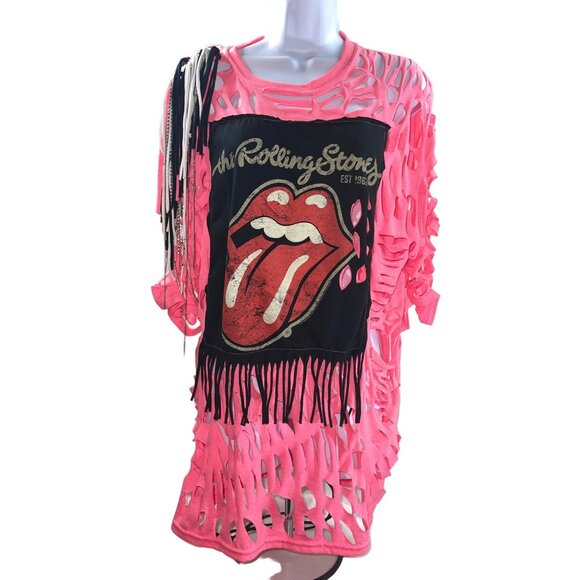 Rolling Stones Pink Cut-Out Lace-Up‎ Fringe Shirt Top With Tassels Large Custom - Picture 1 of 6